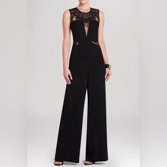 BCBG MAXAZRIA Black Lace Insert Wide Leg Jumpsuit Size 6 - Picture 1 of 6